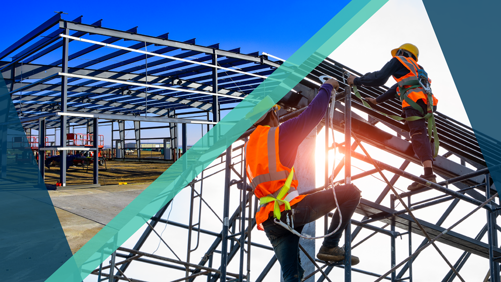 Composite construction scene with steel framework and workers assembling scaffolding